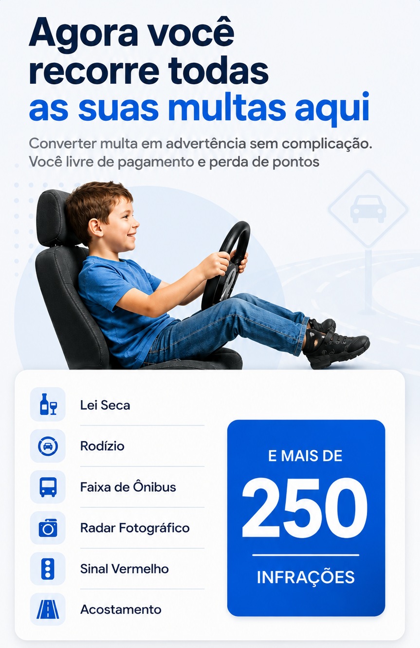 Converter multa em advertência sem complicação. Você livre de pagamento e perda de pontos. Lei Seca, Rodízio, Faixa de Ônibus, Radar Fotográfico, Sinal Vermelho, Acostamento e mais de 250 infrações.