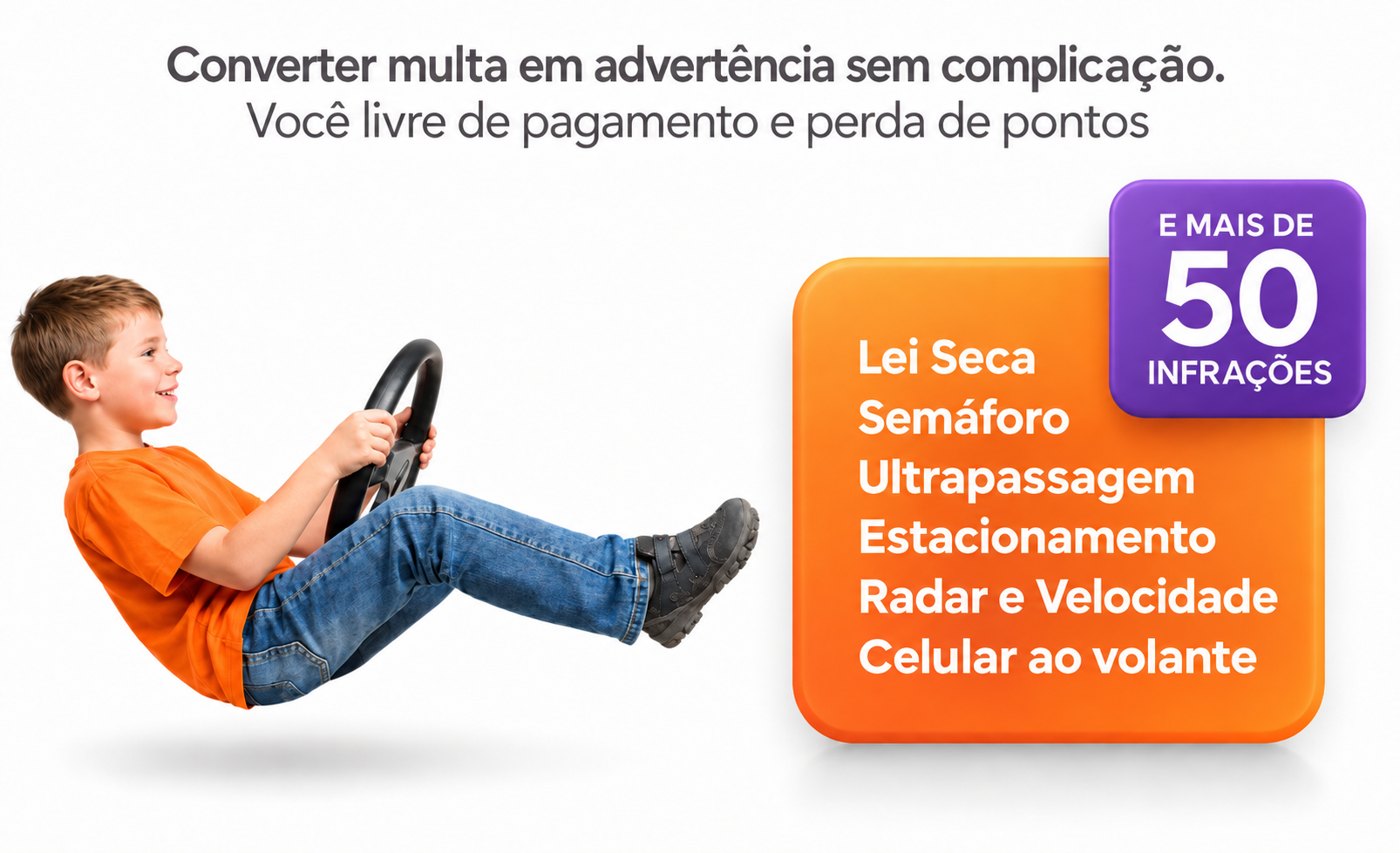 Converter multa em advertência sem complicação. Você livre de pagamento e perda de pontos. Lei Seca, semáforo, ultrapassagem, estacionamento, radar e velocidade, celular ao volante e mais de 50 infrações.