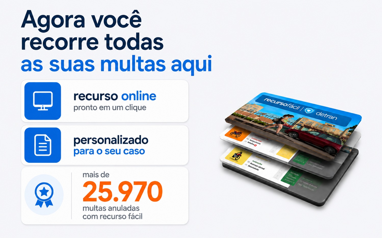 Agora você recorre todas as suas multas aqui. Recurso online pronto em um clique, personalizado para o seu caso. Mais de 25.970 multas anuladas com Recurso Fácil.