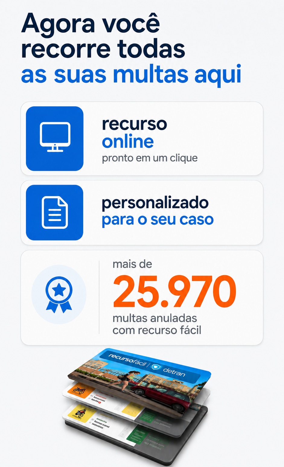 Agora você recorre todas as suas multas aqui. Recurso online pronto em um clique, personalizado para o seu caso. Mais de 25.970 multas anuladas com Recurso Fácil.