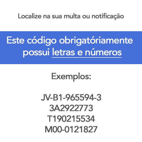Localize na sua multa ou notificação. Este código obrigatoriamente possui letras e números. Exemplos: JV-B1-965594-3, 3A2922773, T190215534, M00-0121827.